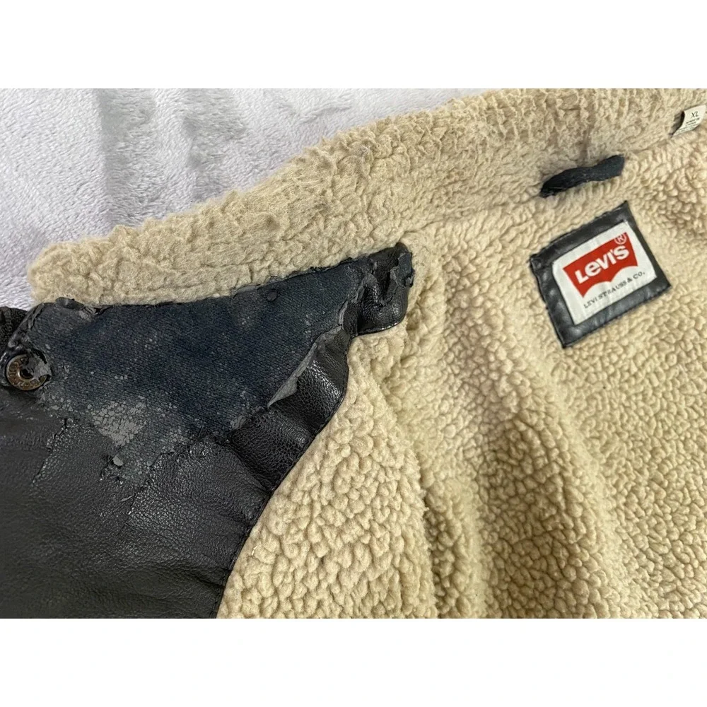 Levis Faux Leather Sherpa Bomber Flight Jacket Men XL Chocolate Brown Distressed